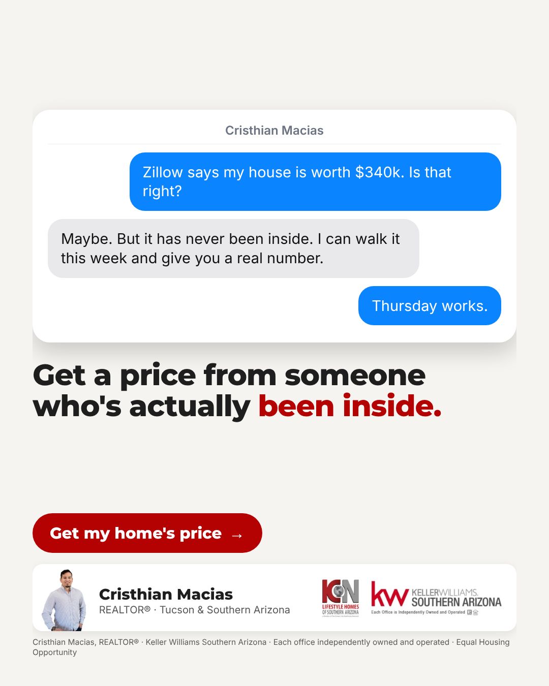 Cristhian Macias ad: Get a price from someone who's actually been inside.
