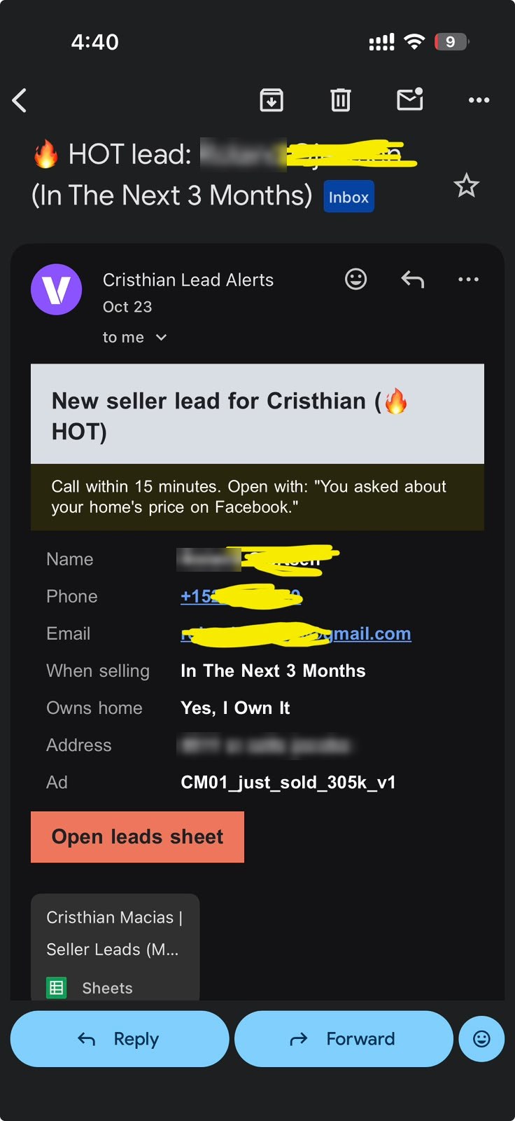 Lead alert email: HOT lead, selling in the next 3 months, owns home, call within 15 minutes