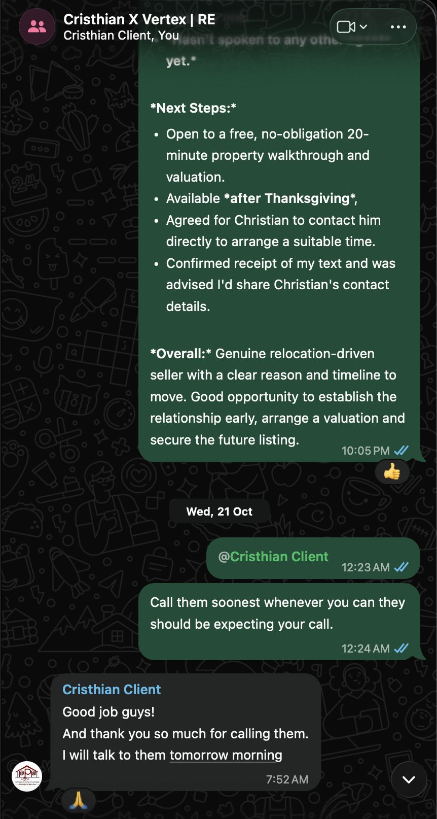 WhatsApp: Cristhian replies 'Good job guys! And thank you so much for calling them.'